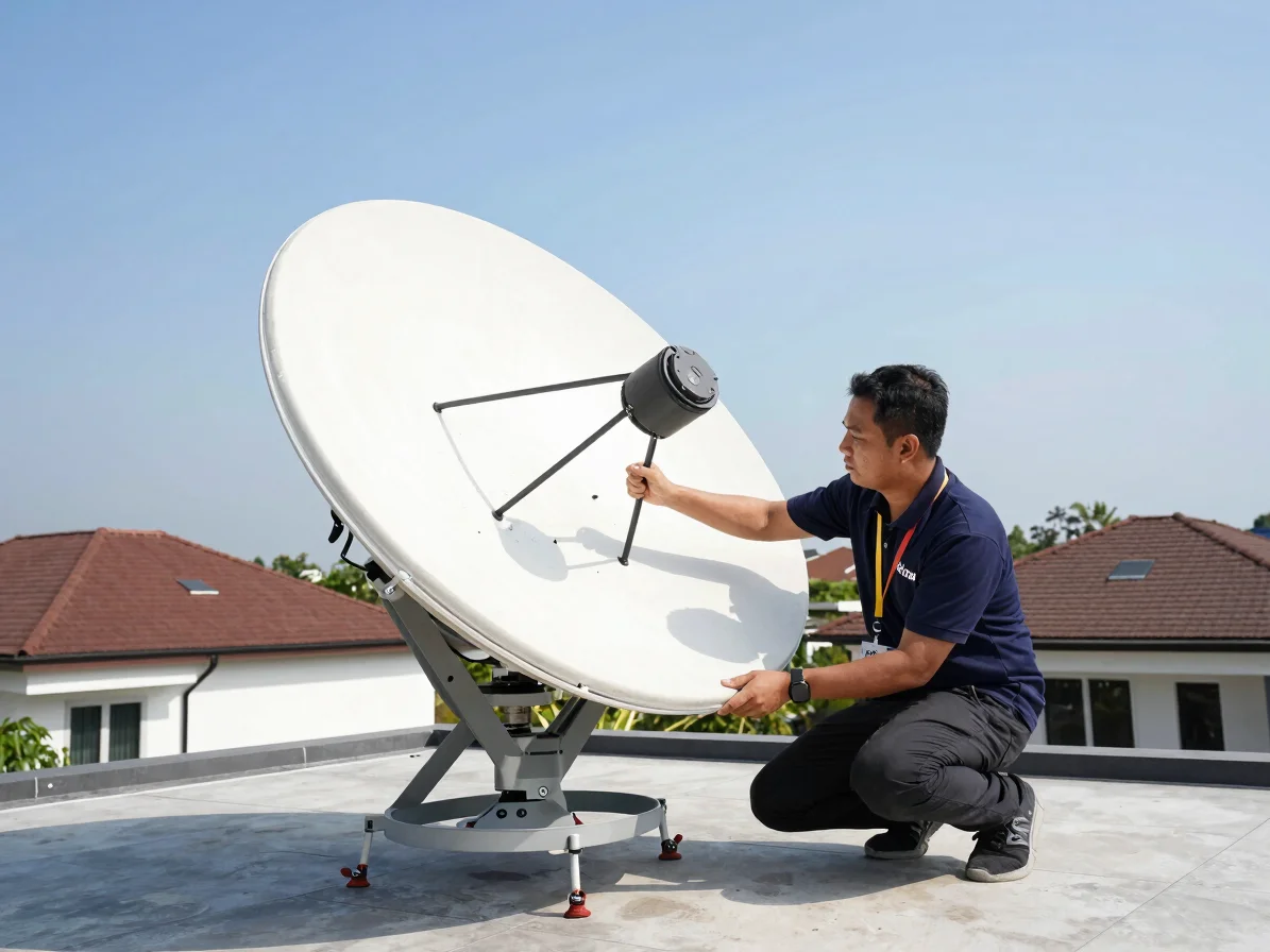 Teknisi profesional memasang antena Starlink di atap rumah modern