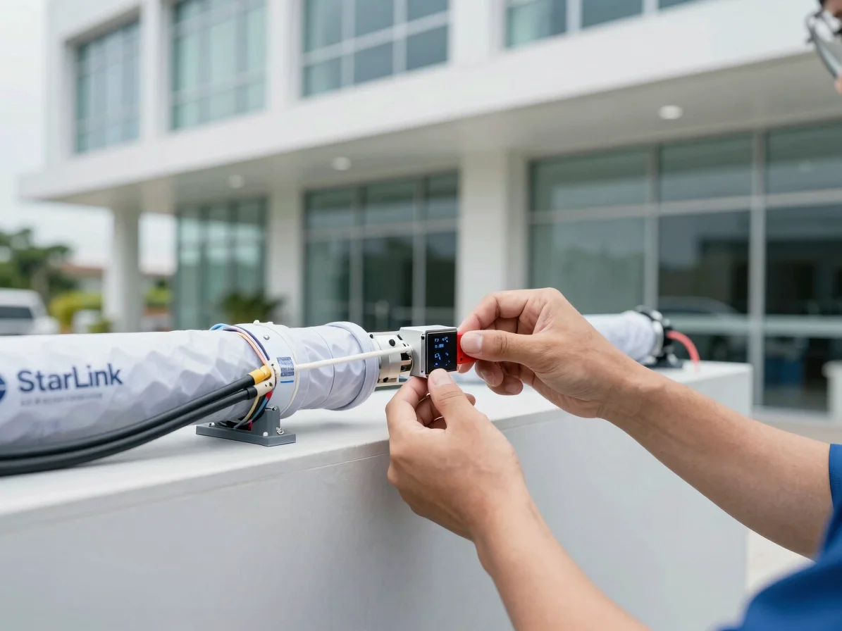 Detail tangan teknisi yang sedang menata kabel Starlink di dindin
