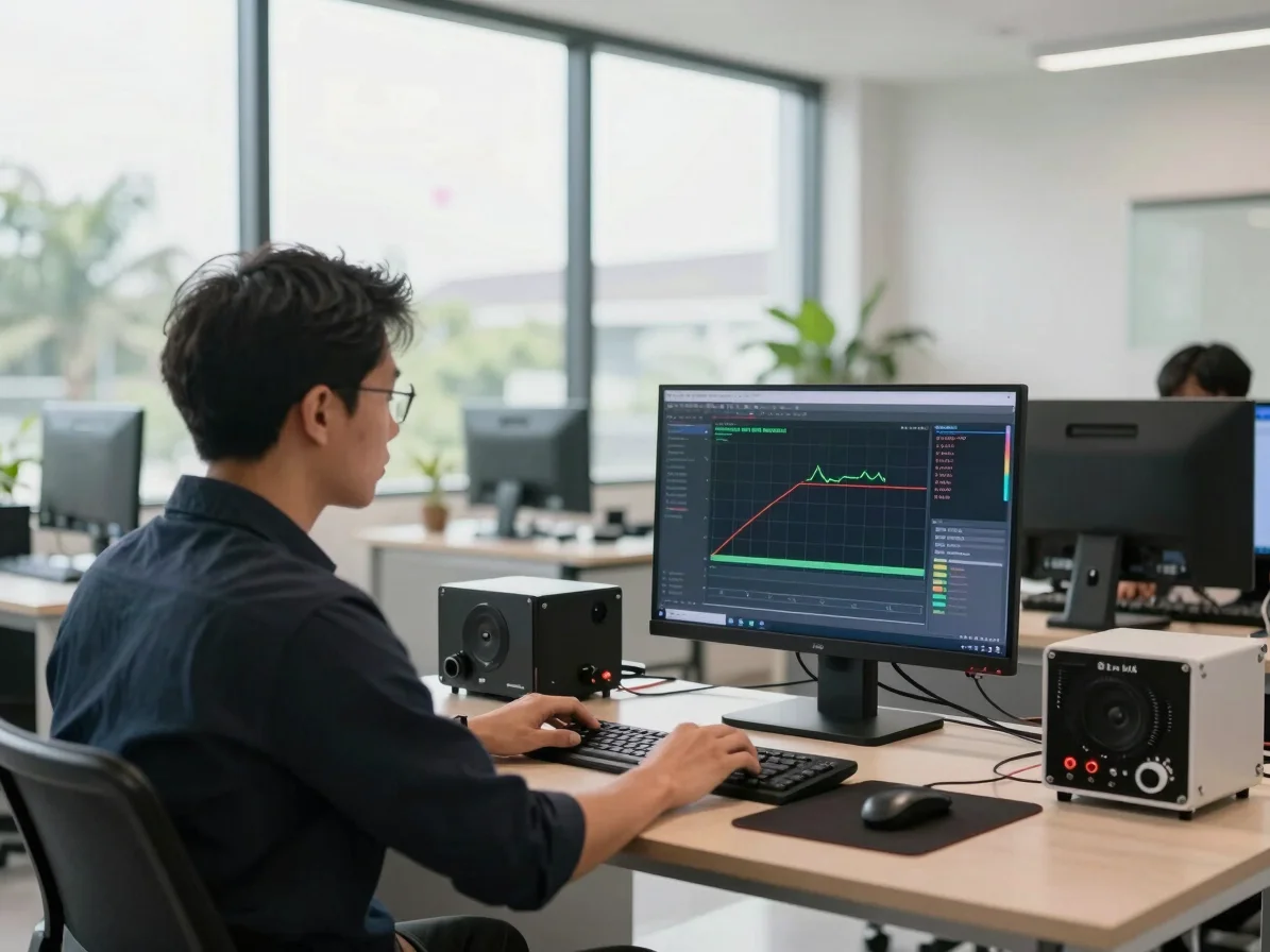 Teknisi sedang menguji sinyal Starlink di dalam ruangan kantor mo