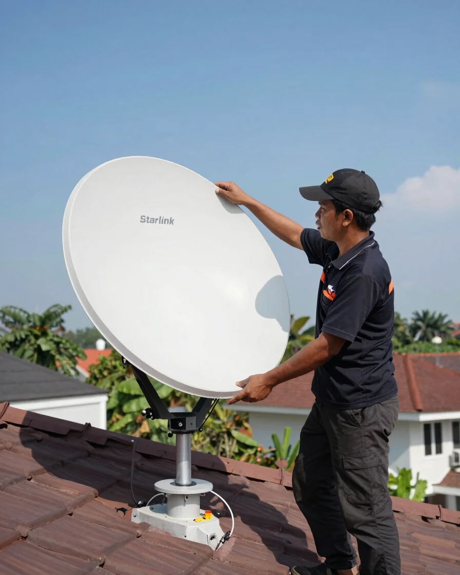 Indonesian technician installing Starlink satellite dish antenna