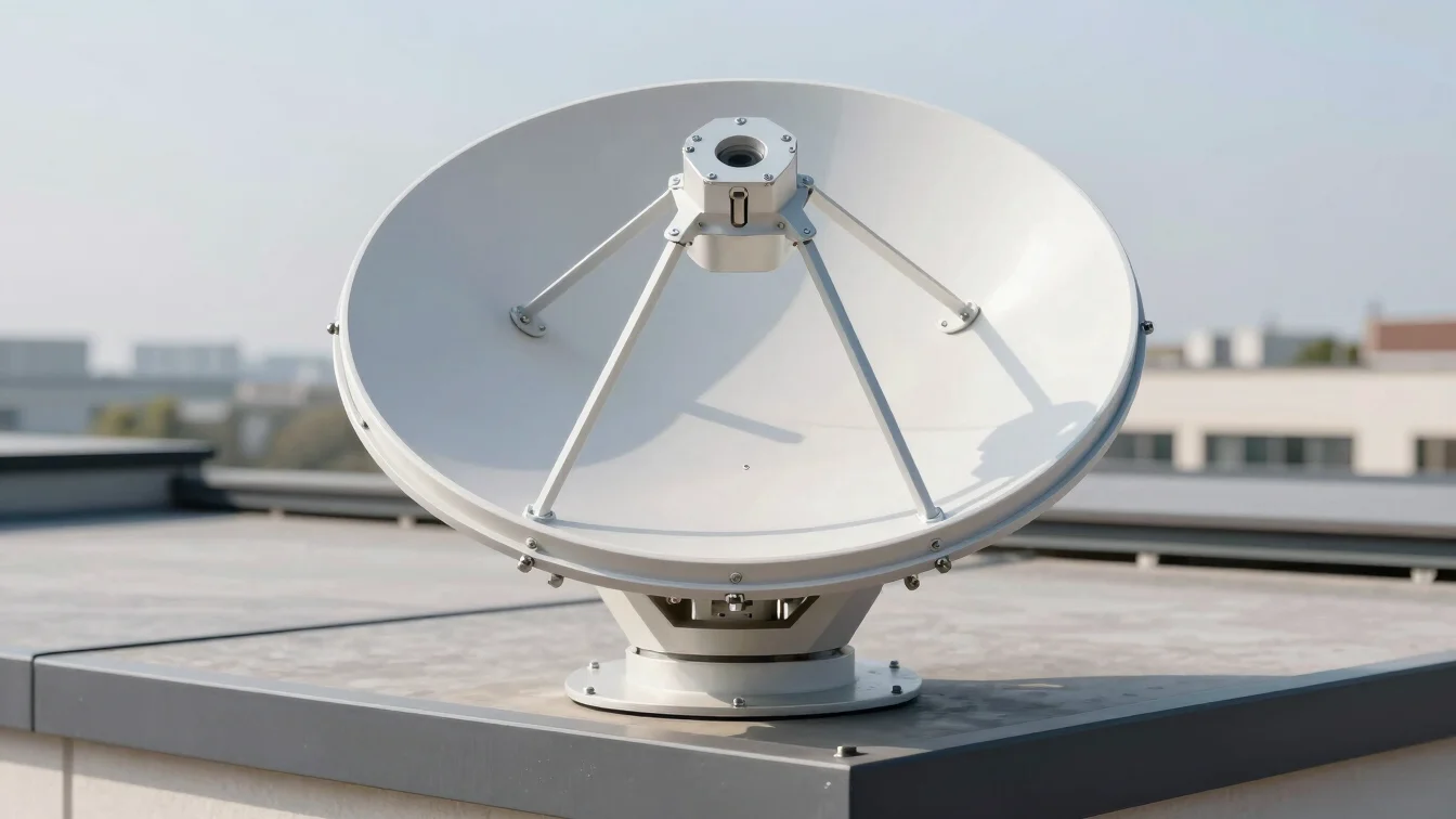 Close up of heavy duty metal mounting bracket for satellite dish on building roof, clean engineering finish, bright dayl
