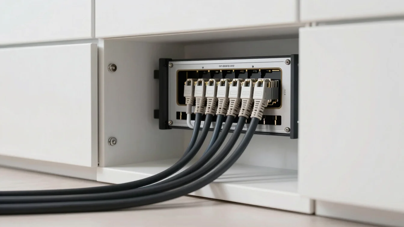 Neatly routed internet cables passing into indoor router setup inside modern building wall, clean cable management