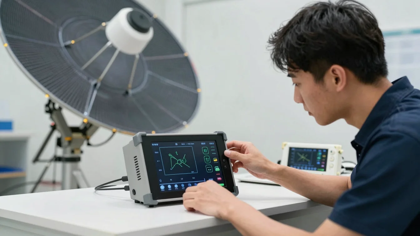 Technician checking signal strength on digital testing device beside installed satellite hardware, professional tech wor